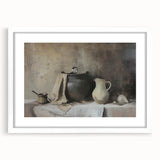 Abstract art print featuring swirling blue and gray patterns on a white framed canvas, ideal for dining room decor.