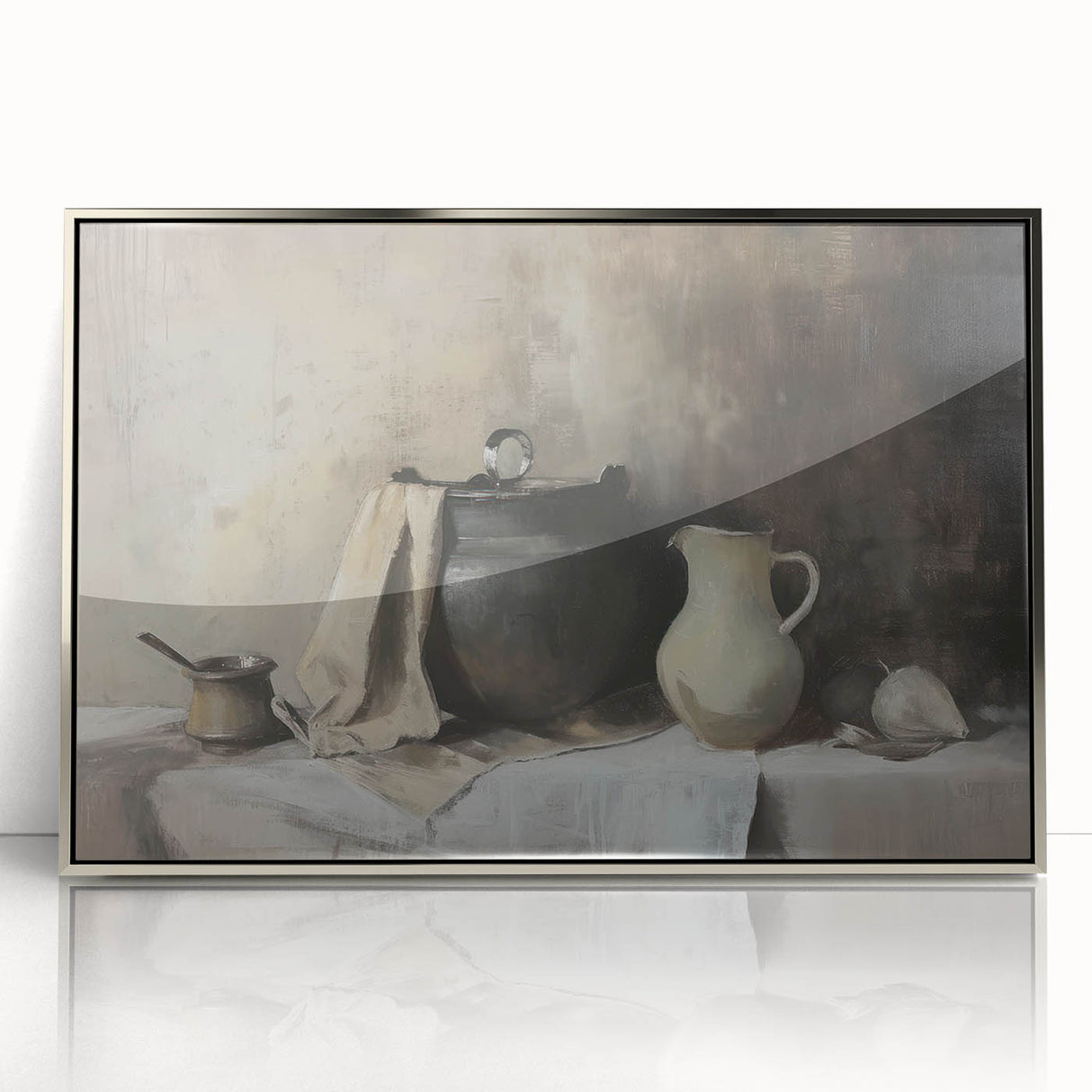 Mid-century modernist art featuring geometric shapes in silver and black, acrylic print framed in silver.