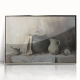 Mid-century modernist art featuring geometric shapes in silver and black, acrylic print framed in silver.