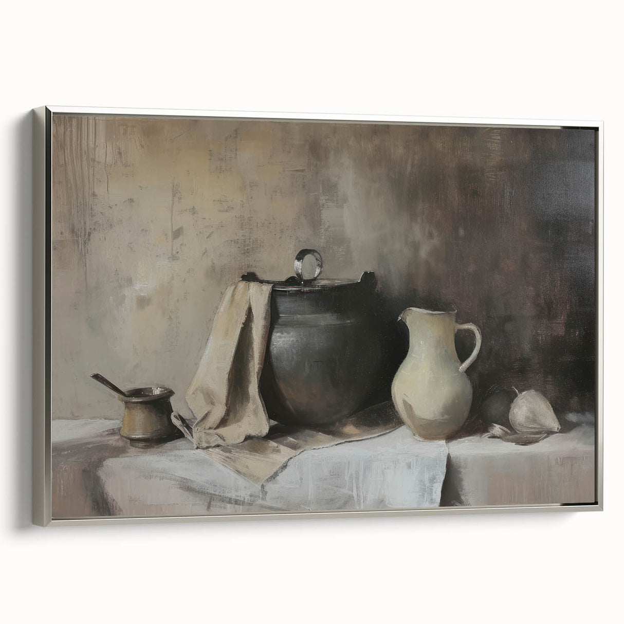 Framed canvas of a vintage landscape painting featuring colorful art on a black background, ideal for dining room decor.