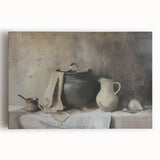 Large black and white stretched canvas depicting vintage cookware, ideal for kitchen wall art.