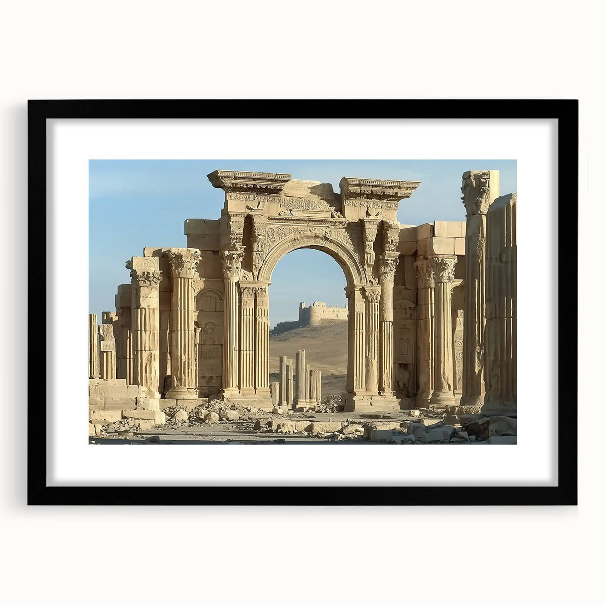 Elegant black-framed landscape print showcasing a picturesque castle scene, featuring a white mat for added sophistication, ideal for home or office decor.