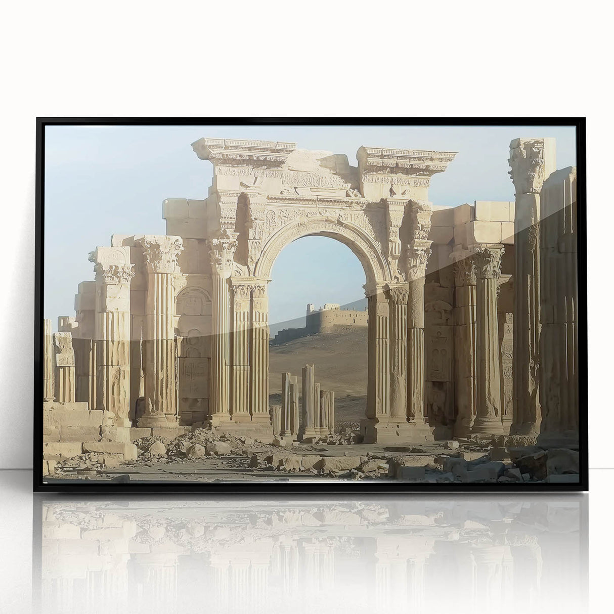 Framed acrylic artwork showcasing a stunning landscape with a castle, presented in a sleek black frame, ideal for home or office decor. Perfect for art lovers seeking elegance.