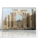 Framed acrylic artwork showcasing a picturesque landscape featuring a castle, set against a serene background, with a sleek white frame for modern decor.