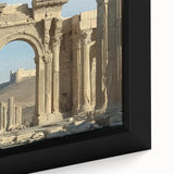 Close-up of a framed canvas showcasing a detailed landscape featuring a majestic castle surrounded by lush greenery, perfect for home decor enthusiasts.