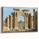 Framed canvas artwork showcasing a stunning landscape of a castle, featuring intricate gold detailing and vibrant colors, perfect for home decor and elegant interiors.