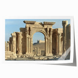 Rolled print showcasing a vibrant landscape of a majestic castle surrounded by lush greenery, elegantly packaged in a protective cardboard tube for safe delivery.