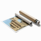 Rolled print showcasing an intricate landscape design featuring a majestic castle, vibrant colors, and detailed textures, packaged securely in a cardboard tube for safe delivery.