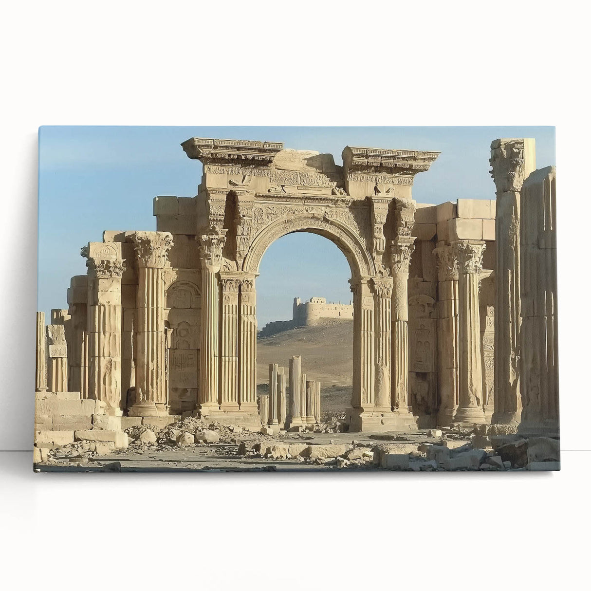 Stretched canvas artwork depicting a serene landscape with a majestic castle surrounded by lush greenery, ideal for home decor and art enthusiasts.