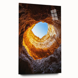 Acrylic glass artwork showcasing a vibrant landscape with caves and natural formations, displayed from a side view, highlighting intricate details and textures.