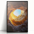 Framed acrylic wall art showcasing a stunning landscape design with cave formations, presented in a sleek black frame, ideal for modern home decor.