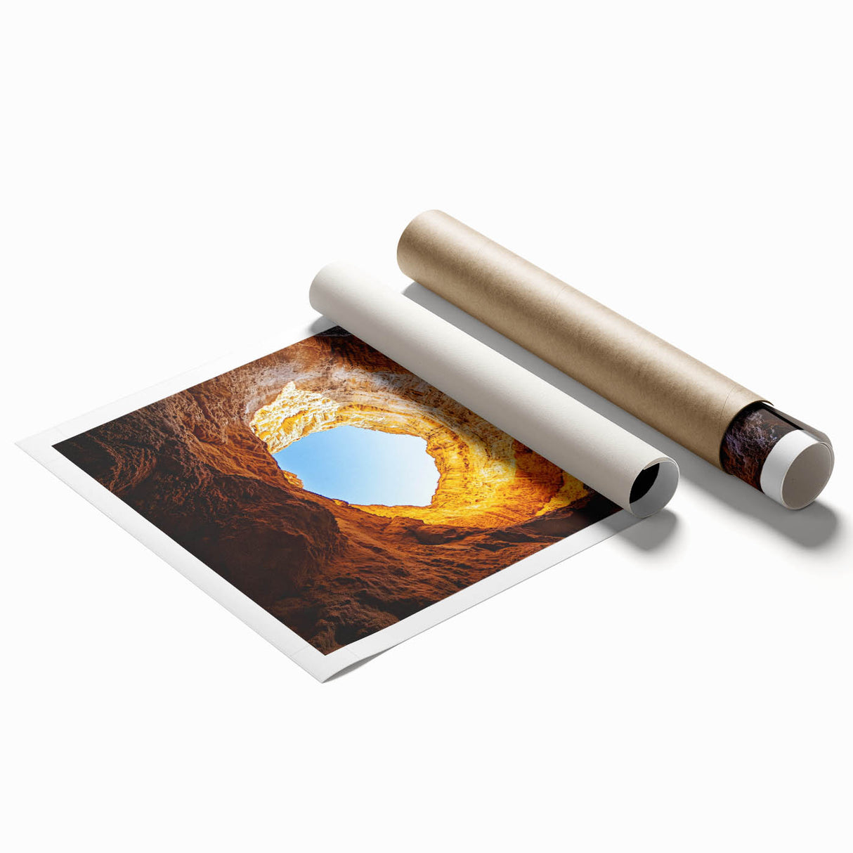Stunning rolled print showcasing intricate landscape and cave designs, beautifully detailed with earthy tones, perfect for home decor or art enthusiasts.