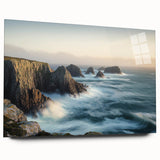 Acrylic glass artwork showcasing a stunning cliff landscape, highlighting vibrant colors and intricate details, ideal for modern home decor. Perfect side view without pins.