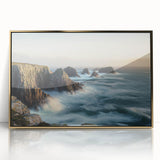 Framed acrylic artwork featuring a stunning landscape of rugged cliffs under a golden hue, ideal for home decor and enhancing interior aesthetics.