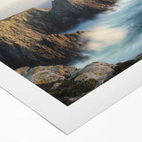 Vibrant rolled canvas depicting a stunning landscape of rugged cliffs under a bright blue sky, showcasing detailed textures and colors, perfect for home decor.