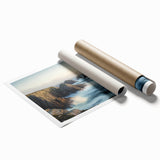 Vibrant rolled print showcasing a stunning cliff landscape, featuring rich colors and intricate details, packaged securely in a durable cardboard tube. Perfect for home decor.
