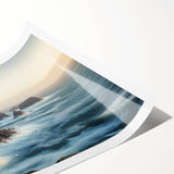 Stunning landscape print showcasing majestic cliffs against a vibrant sunset, rolled and ready for display, perfect for enhancing any modern decor.