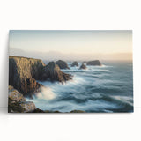 Cliffs landscape stretched canvas art showcasing vibrant colors and intricate details, elegantly leaning against a neutral wall, perfect for home décor enhancement.