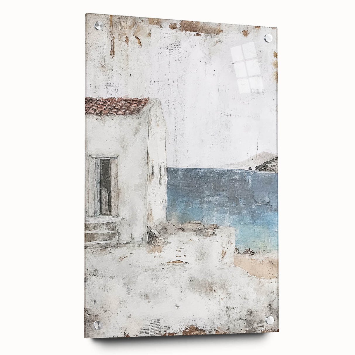 Abstract architecture wall art featuring a sleek side view in acrylic glass, showcasing vibrant colors and intricate geometric patterns, mounted with stylish pins.