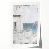 Abstract architecture wall art print featuring geometric shapes in shades of blue and gray, rolled and ready for display, emphasizing modern design aesthetics.