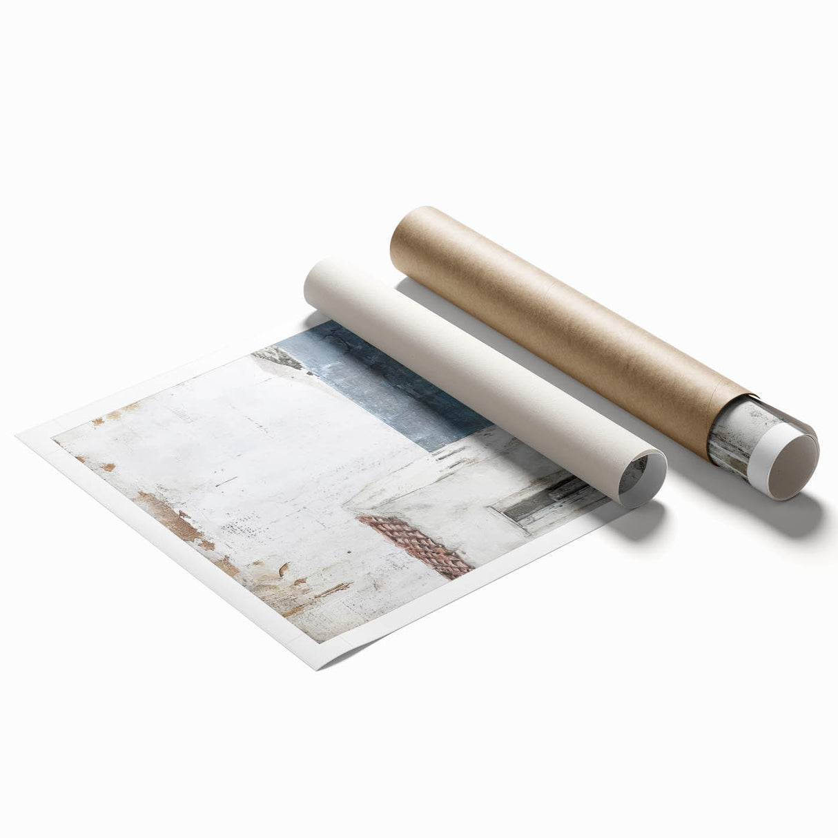 Abstract architectural wall art print showcasing vibrant geometric shapes in bold colors, rolled and ready for display in a protective tube.
