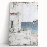 Abstract wall art design showcasing modern architectural shapes in vibrant hues of blue, orange, and white, mounted on a stretched canvas, ideal for contemporary home decor.