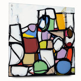 Abstract geometric acrylic glass artwork showcasing a vibrant design with distinct shapes and colors, viewed from the side with visible pins, perfect for modern decor.