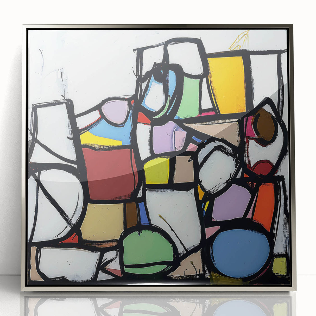 Framed abstract geometric art piece in silver acrylic, showcasing intricate designs and modern aesthetics, perfect for contemporary home decor.