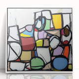 Framed abstract geometric acrylic art piece featuring a white background with bold, colorful shapes and patterns, ideal for modern home decor. This artwork adds a vibrant touch to living spaces, enhancing contemporary aesthetics.