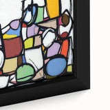 Close-up of an abstract geometric framed canvas showcasing vibrant colors and intricate patterns, ideal for modern home decor and artistic spaces.