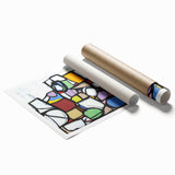 Abstract geometric rolled print showcasing a vibrant blend of bold colors and intricate shapes, elegantly packaged in a protective tube for delivery. Ideal for modern home decor.