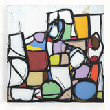 Abstract geometric stretched canvas artwork in vibrant colors, showcasing bold shapes and dynamic patterns, perfect for modern home decor and artistic expression.