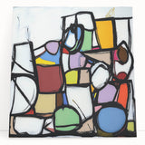 Abstract geometric canvas artwork featuring vibrant colors and sharp angles, ideal for modern home decor. This stretched canvas adds a contemporary touch to any room.