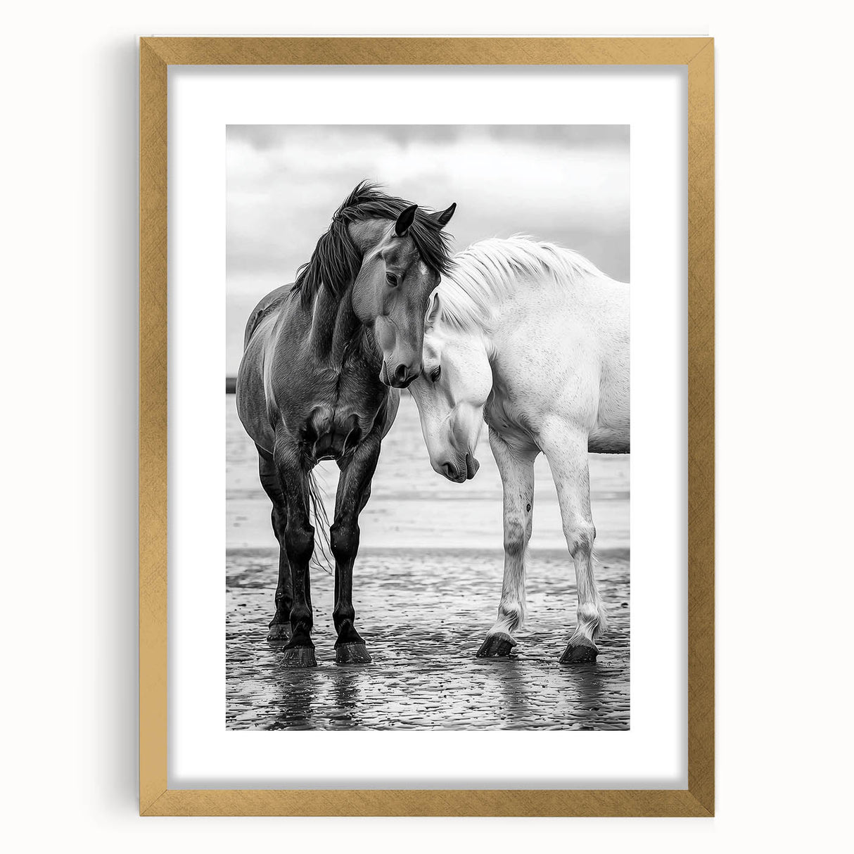 Elegant gold-framed animal art print featuring a variety of wildlife, displayed with a white mat for contrast, ideal for home decor or office aesthetics.