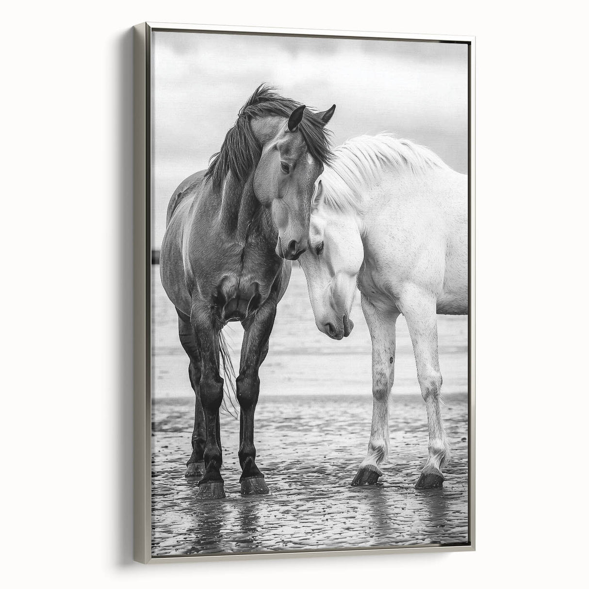 Framed canvas artwork depicting a whimsical animal design, showcasing vibrant colors and intricate details, viewed from the side with a sleek silver frame, perfect for enhancing home decor.