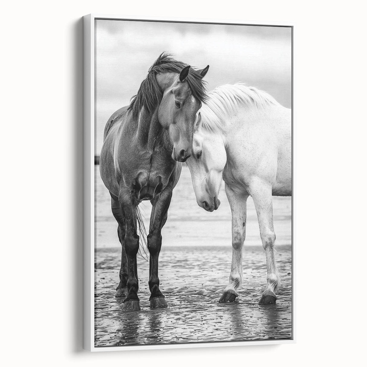 Framed canvas artwork showcasing a whimsical design of 50 colorful animals, displayed in a white frame, ideal for children's room decor or playful art collections.