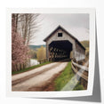 Extra large wall art of a covered bridge in muted earth tones on glossy photo paper, ideal for dining room decor.