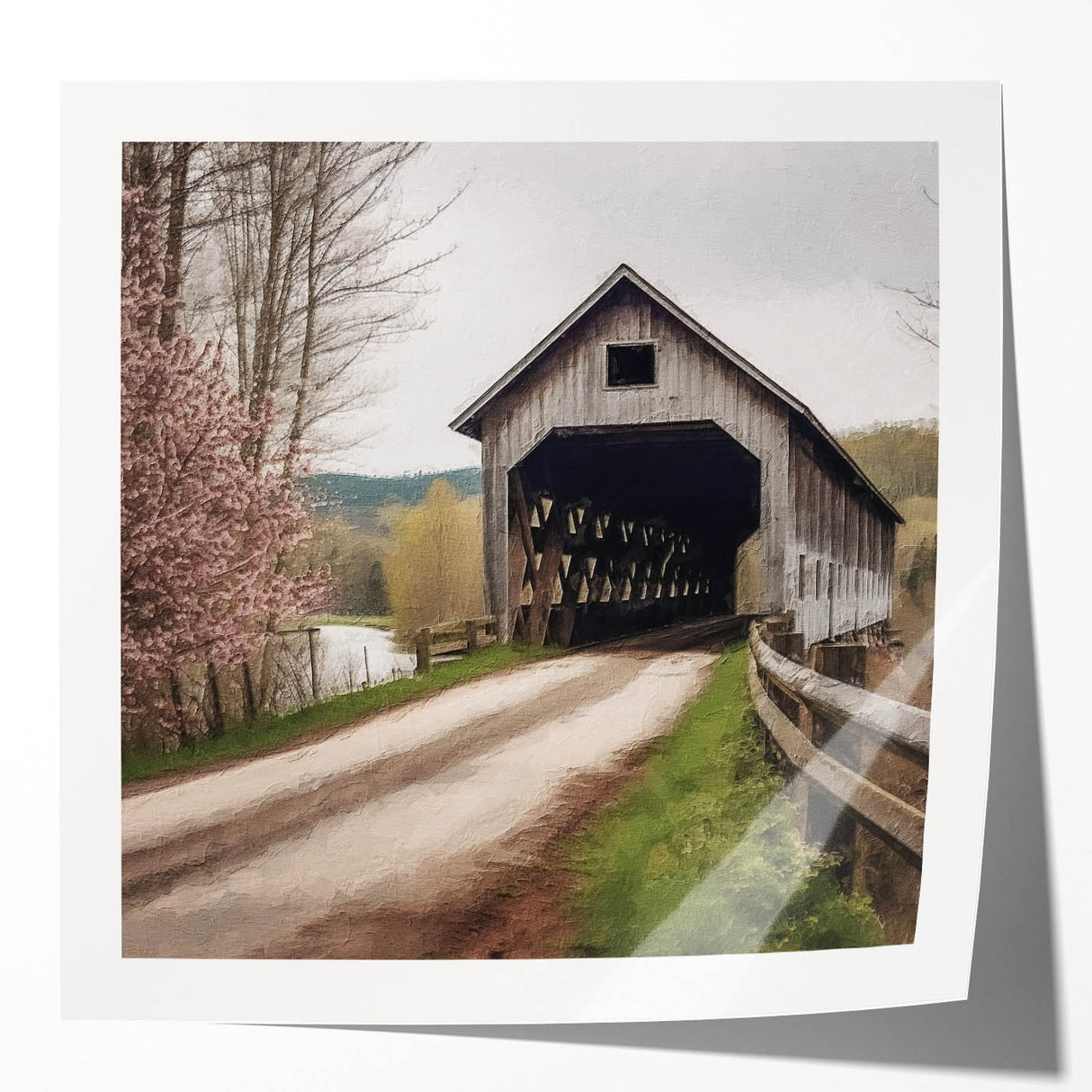 Extra large wall art of a covered bridge in muted earth tones on glossy photo paper, ideal for dining room decor.