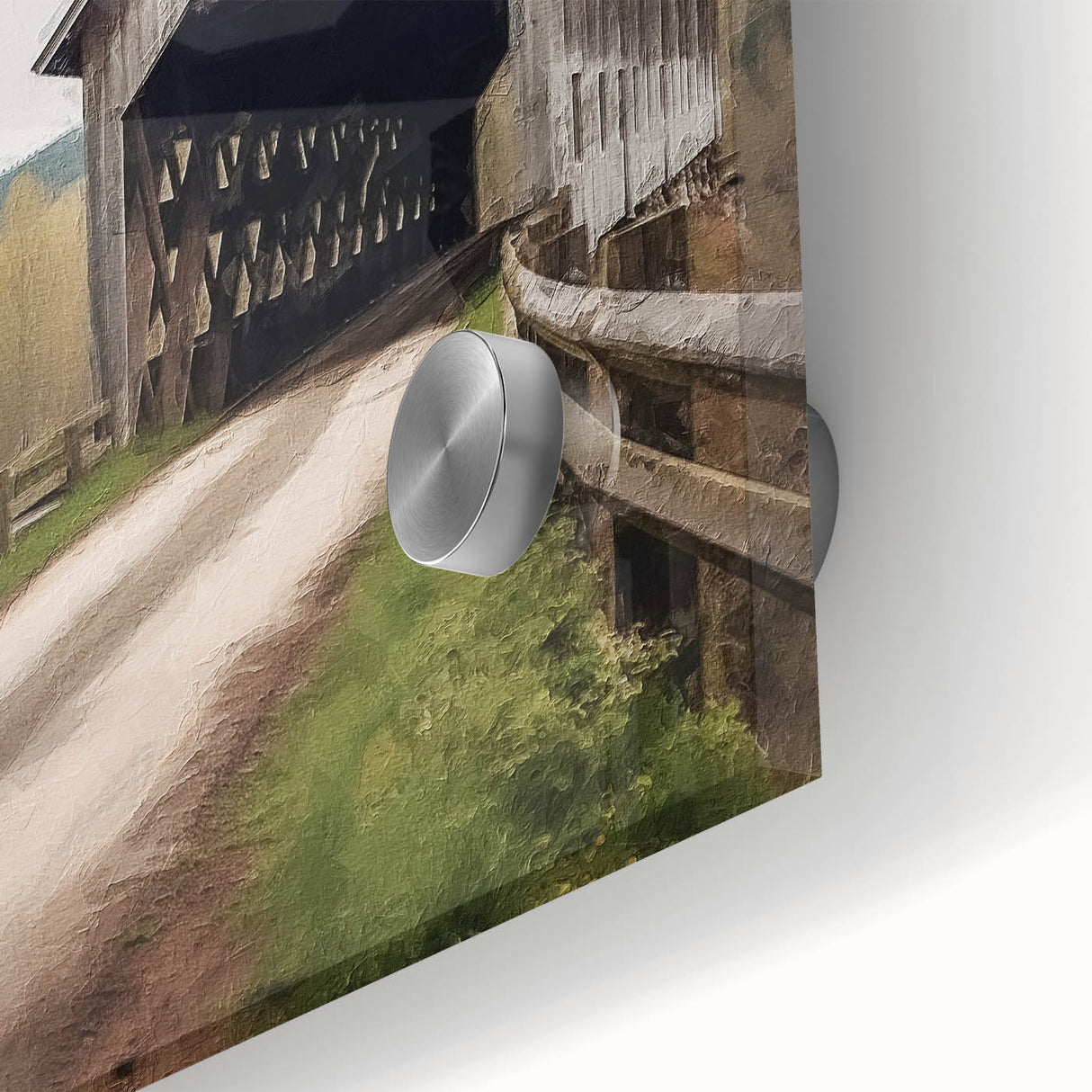 Mid-century modernist acrylic glass art of a covered bridge in muted earth tones, ideal for dining room decor.
