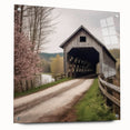 Acrylic print of a covered bridge in muted earth tones, suitable for dining room decor.