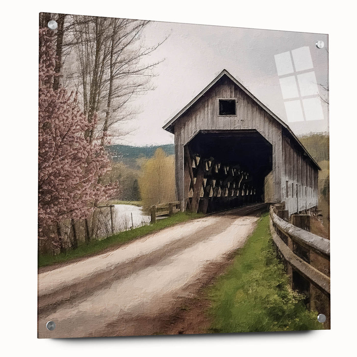 Acrylic print of a covered bridge in muted earth tones, suitable for dining room decor.
