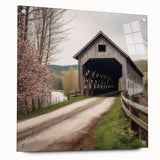 Acrylic print of a covered bridge in muted earth tones, suitable for dining room decor.