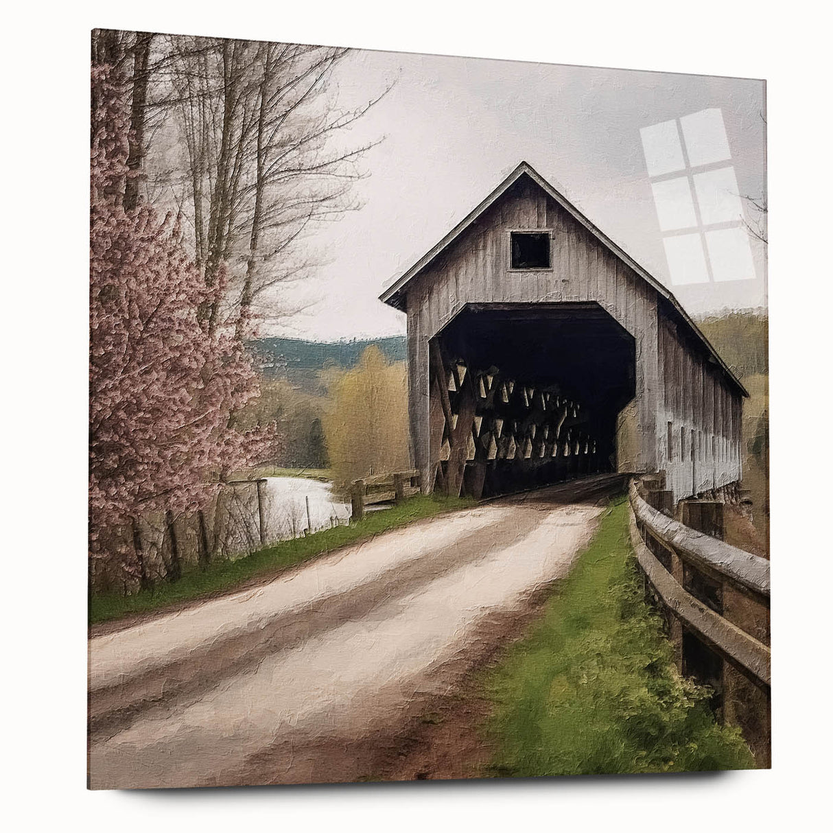 Side view of a large abstract wall art depicting a covered bridge, printed on acrylic glass.