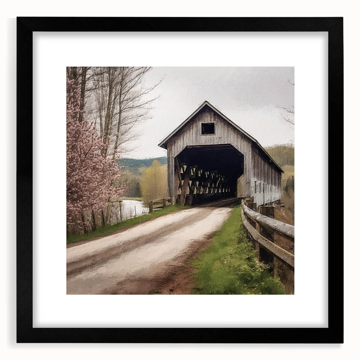 Extra large framed abstract art print featuring a colorful, textured depiction of a covered bridge.