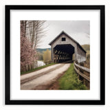 Extra large framed abstract art print featuring a colorful, textured depiction of a covered bridge.