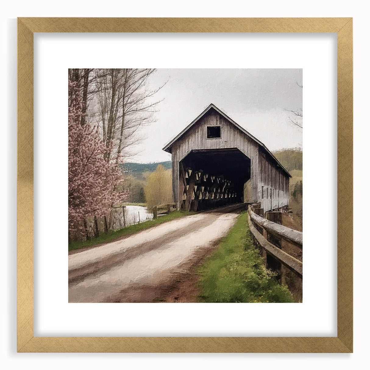 Extra large abstract art print featuring a textured depiction of a covered bridge in muted earth tones.