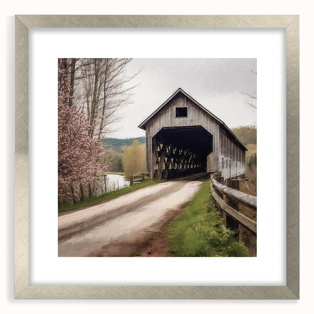 Textured art of a covered bridge in muted gray tones, framed in silver, ideal for bedroom decor.