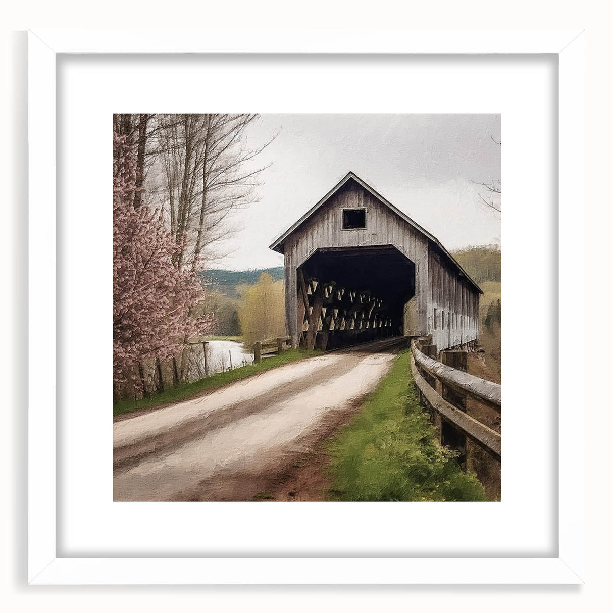 Abstract art print of a covered bridge in muted gray and blue tones, framed with a white mat, ideal for dining room decor.