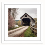 Abstract art print of a covered bridge in muted gray and blue tones, framed with a white mat, ideal for dining room decor.