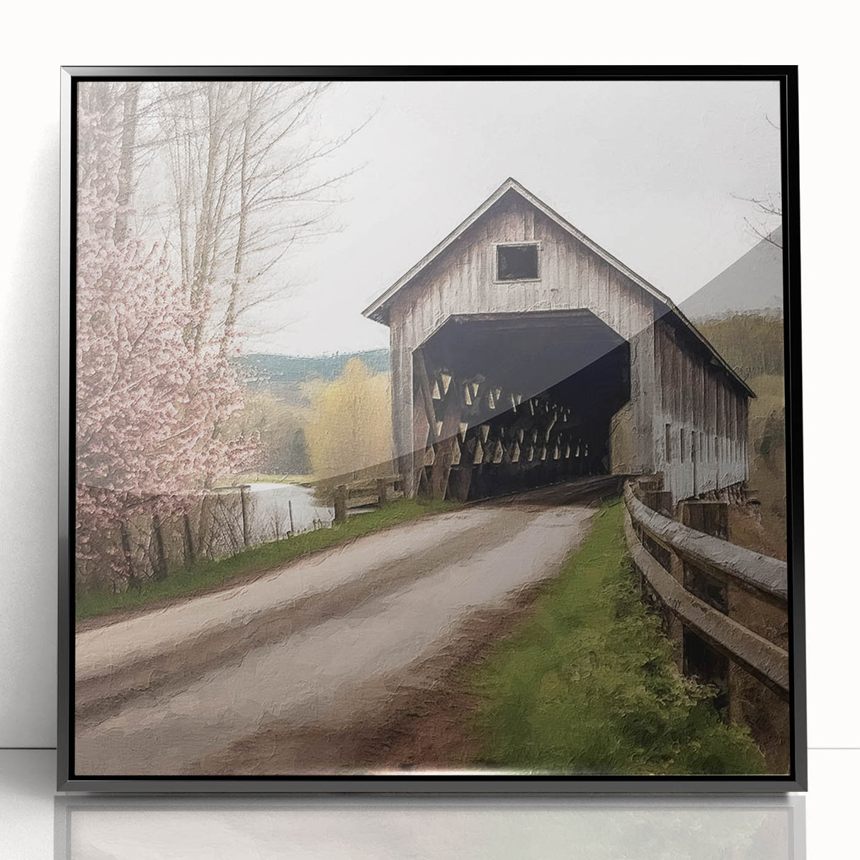 Large abstract wall art depicting a mid-century modernist covered bridge in black and white, acrylic framed print.